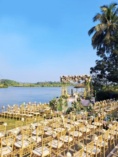 Wedding reception setup overlooking the Mandovi River at Devaaya Resort, Goa